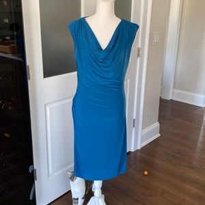 Ronni Nicole Teal dress with ruching on side.